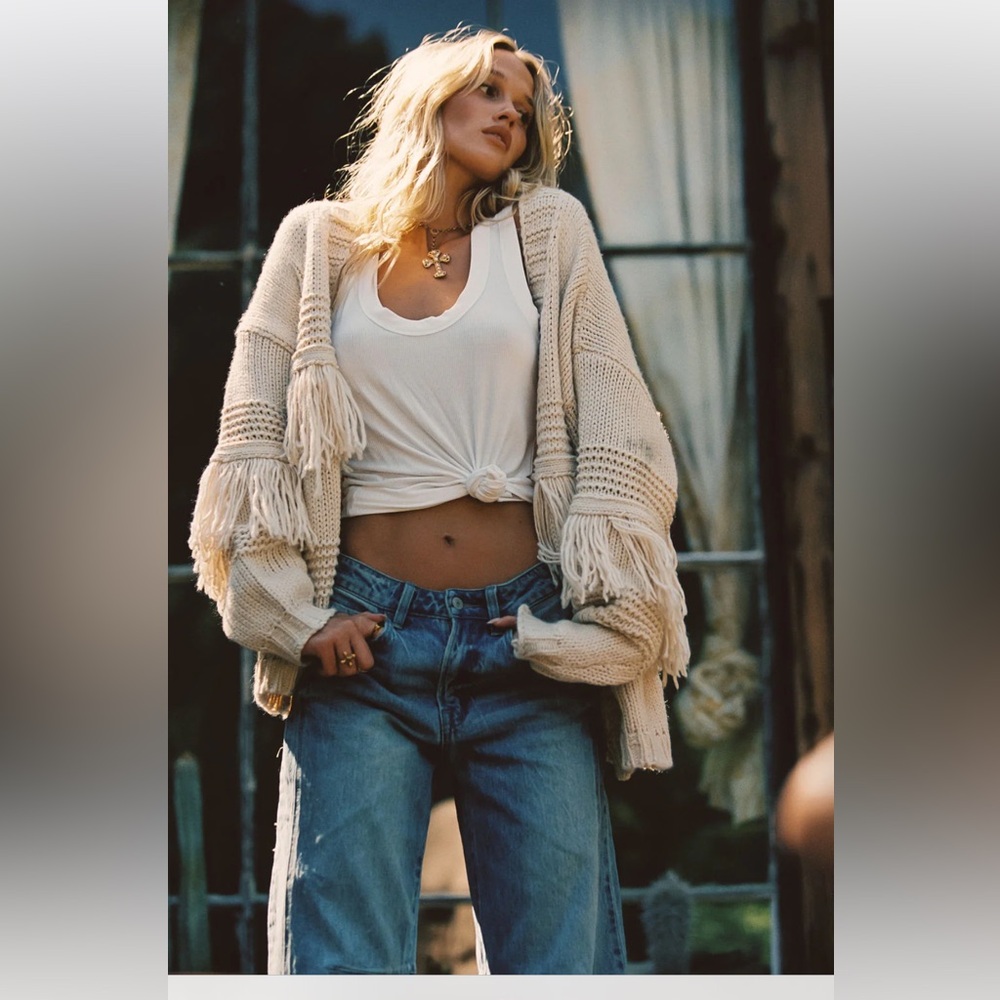 12th tribe Sunny Beige oversized Fringe Cardigan Sz small